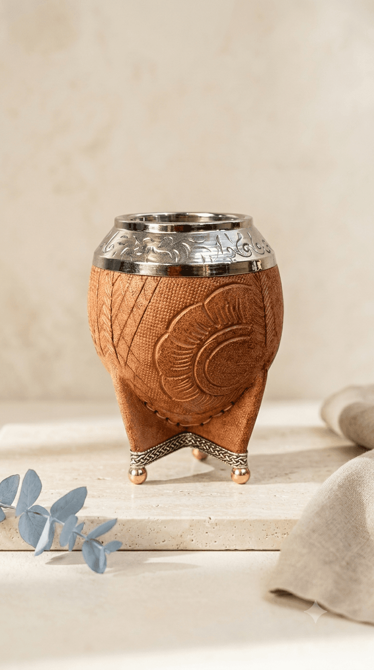 Mate Torpedo Alpaca Cincelada y Cuero Natural Repujado
